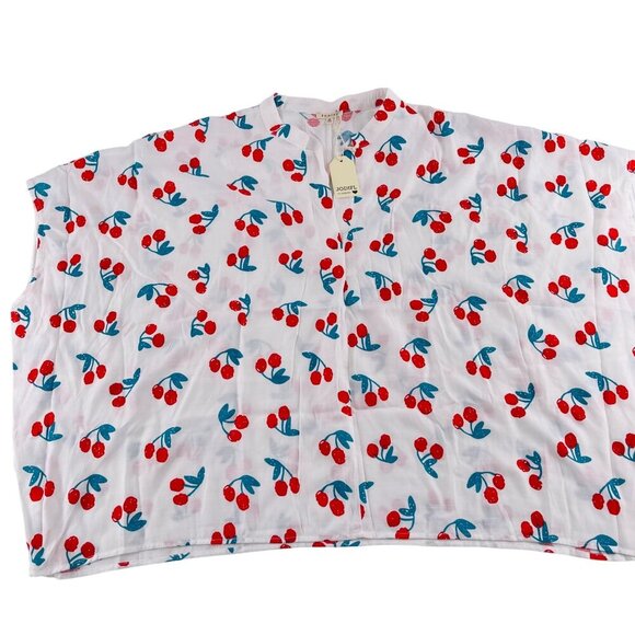 Jodifl Cherry Print Blouse Medium M White Red & Blue Short Sleeve Lightweight Wo - Picture 1 of 6